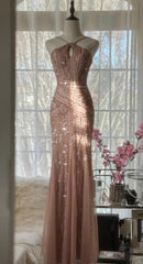 Elegant Blush Pink Spaghetti Strap Mermaid Tulle Sequin Long Prom Dress Beaded Graduation Prom Adult Ceremony Dress ED01763