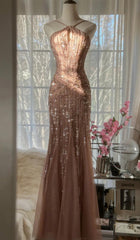 Elegant Blush Pink Spaghetti Strap Mermaid Tulle Sequin Long Prom Dress Beaded Graduation Prom Adult Ceremony Dress ED01763
