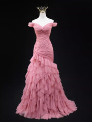 Pink Mermaid Off-the-shoulder Tulle Long Prom Dress Adult Ceremony Dress ED01764