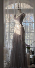 Gray Purple A-Line V Neck Tulle Lace Long Prom Dress Gorgeous Evening Dress ED01765