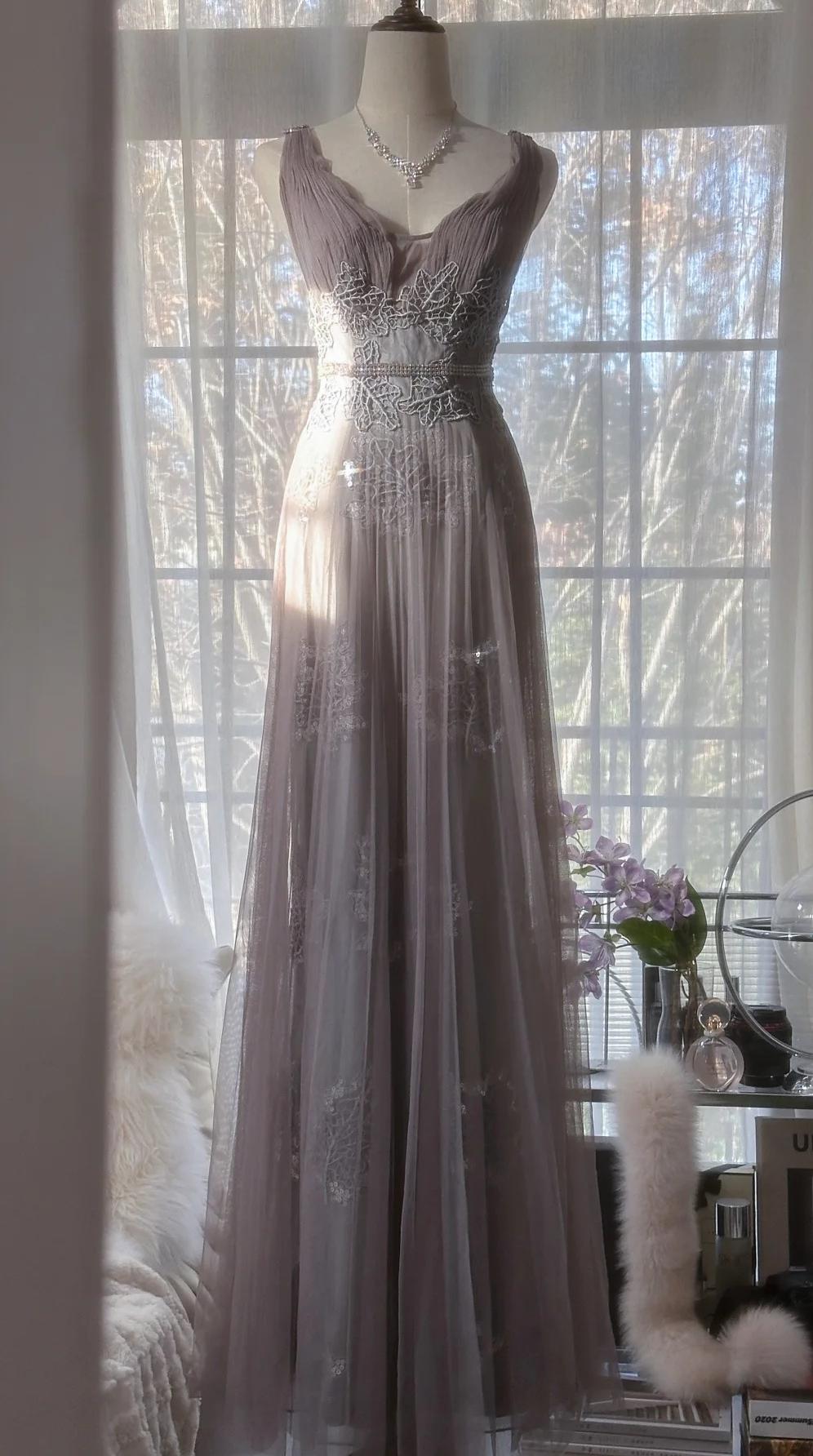 Gray Purple A-Line V Neck Tulle Lace Long Prom Dress Gorgeous Evening Dress ED01765