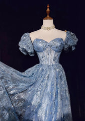 Blue A-Line Sweetheart Neck Tulle Sequin Long Prom Dress Exquisite Birthday Dress ED01766