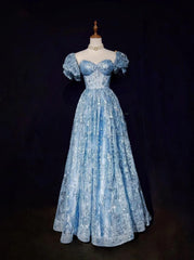 Blue A-Line Sweetheart Neck Tulle Sequin Long Prom Dress Exquisite Birthday Dress ED01766