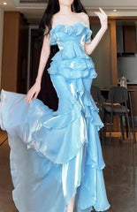 Blue Mermaid Strapless Long Ruffled Prom Dress ED01768