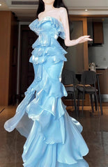 Blue Mermaid Strapless Long Ruffled Prom Dress ED01768