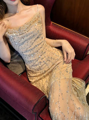 Flesh Pink Spaghetti Strap Mermaid Tulle Sequined Prom Dress Birthday Dress ED01771