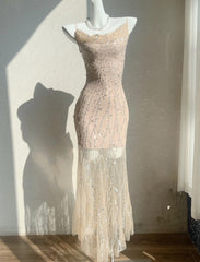 Flesh Pink Spaghetti Strap Mermaid Tulle Sequined Prom Dress Birthday Dress ED01771