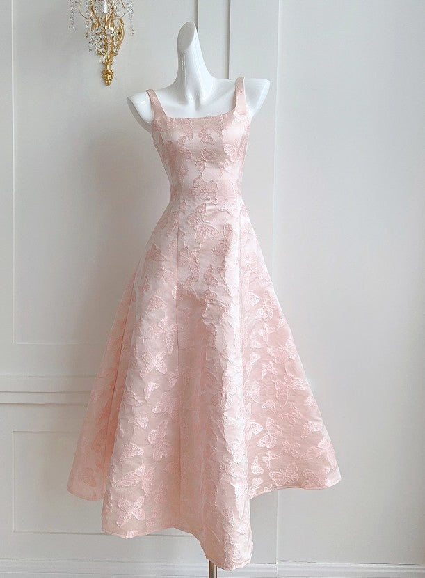 Pink A-Line Vintage Butterfly Embroidered Satin Prom Dress Birthday DressED01772