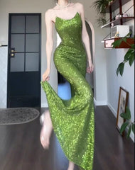 Vintage Green Sheath Spaghetti Strap Sequined Prom Dress Birthday Dress ED01774
