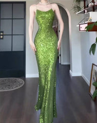 Vintage Green Sheath Spaghetti Strap Sequined Prom Dress Birthday Dress ED01774