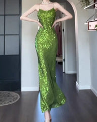 Vintage Green Sheath Spaghetti Strap Sequined Prom Dress Birthday Dress ED01774