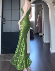 Vintage Green Sheath Spaghetti Strap Sequined Prom Dress Birthday Dress ED01774