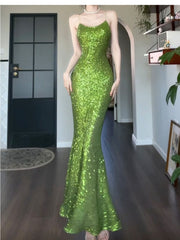 Vintage Green Sheath Spaghetti Strap Sequined Prom Dress Birthday Dress ED01774