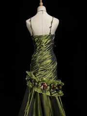 Dark Green Retro Mermaid Irregular Neckline Satin Beaded Long Prom Dress Birthday Graduation Prom Dress ED01776