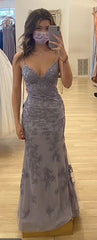 Pretty Grey Purple Mermaid Spaghetti Strap Tulle Lace Prom Dress ED01777