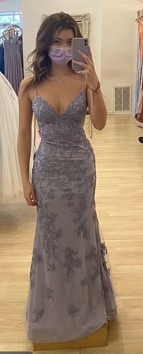Pretty Grey Purple Mermaid Spaghetti Strap Tulle Lace Prom Dress ED01777