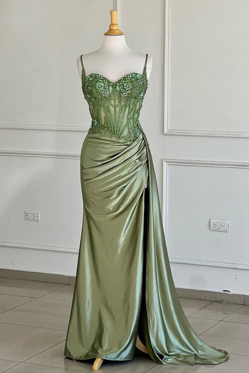 Sage Green Spaghetti Straps Sequins Mermaid Appliqued Prom Dress With Split ED01779