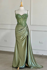 Sage Green Spaghetti Straps Sequins Mermaid Appliqued Prom Dress With Split ED01779