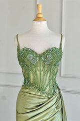Sage Green Spaghetti Straps Sequins Mermaid Appliqued Prom Dress With Split ED01779