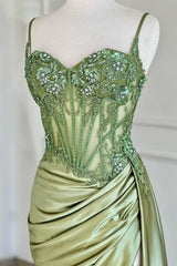 Sage Green Spaghetti Straps Sequins Mermaid Appliqued Prom Dress With Split ED01779