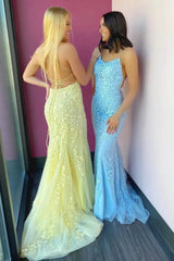Sky Blue A-Line Spaghetti Strap Backless Elegant Tulle Applique Long Prom Dress ED01780
