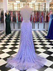 Sky Blue A-Line Spaghetti Strap Backless Elegant Tulle Applique Long Prom Dress ED01780