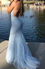 Sky Blue A-Line Spaghetti Strap Backless Elegant Tulle Applique Long Prom Dress ED01780