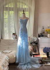 Sky Blue A-Line Spaghetti Strap Backless Elegant Tulle Applique Long Prom Dress ED01780