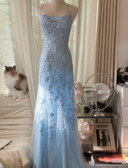 Sky Blue A-Line Spaghetti Strap Backless Elegant Tulle Applique Long Prom Dress ED01780