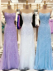 Sky Blue A-Line Spaghetti Strap Backless Elegant Tulle Applique Long Prom Dress ED01780
