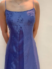 Vintage Spaghetti Strap Blue Tulle Beaded Prom Dress ED01783