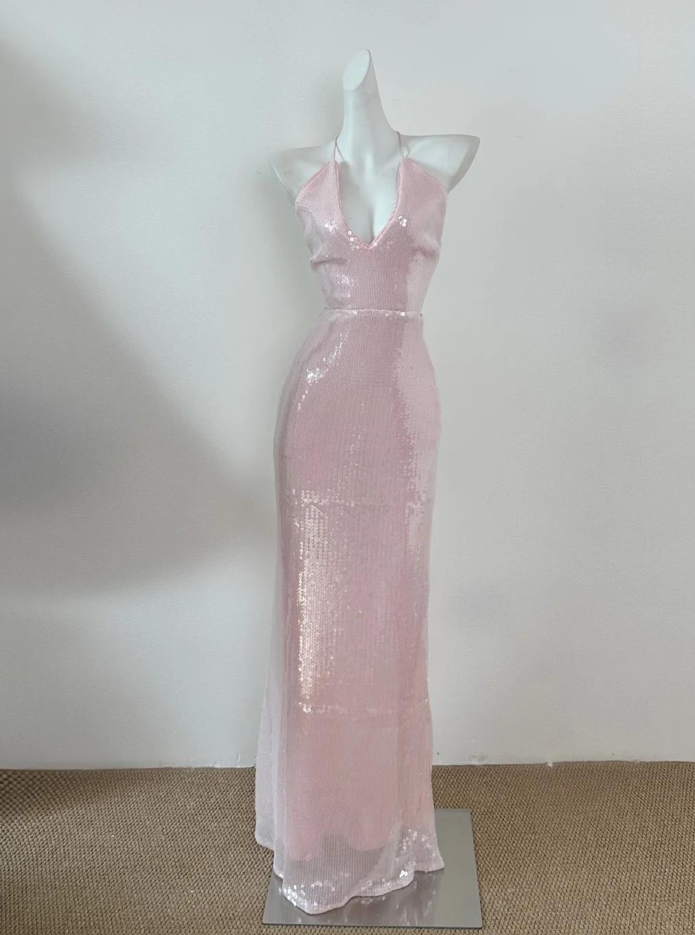 Light Pink V Neck Sheath Sequined Prom Dress Birthday Dress ED01786