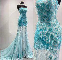 Ice Blue Ombre Mermaid Strapless Chiffon Long Wedding Dress with Appliques and Beading Formal Prom Dress ED01789