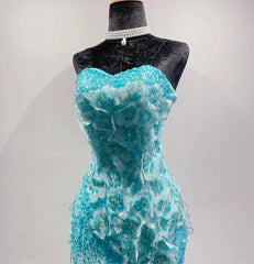 Ice Blue Ombre Mermaid Strapless Chiffon Long Wedding Dress with Appliques and Beading Formal Prom Dress ED01789