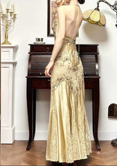 Gold Mermaid Halter Satin Beaded Applique Prom Dress ED01790