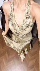 Gold Mermaid Halter Satin Beaded Applique Prom Dress ED01790