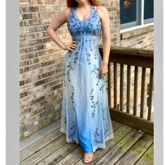 Vintage Gradient Purple Sheath Halter Neck Satin Prom Dress with Beaded Appliques ED01791