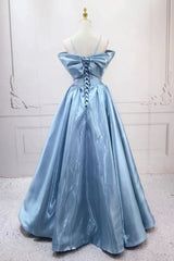 Blue Sweet A-Line Spaghetti Strap Satin Long Prom Dress Evening Party Dress ED01794