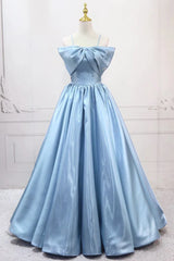 Blue Sweet A-Line Spaghetti Strap Satin Long Prom Dress Evening Party Dress ED01794