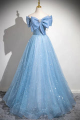 Light Blue A-Line Off Shoulder Tulle Sequins Long Prom Dress Evening Dress ED01792
