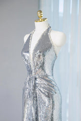 Silver Sequins Sheath V-Neck Long Prom Dress Shiny Evening Dress ED01793
