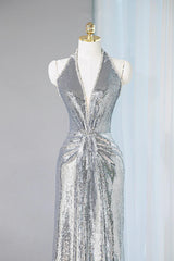 Silver Sequins Sheath V-Neck Long Prom Dress Shiny Evening Dress ED01793