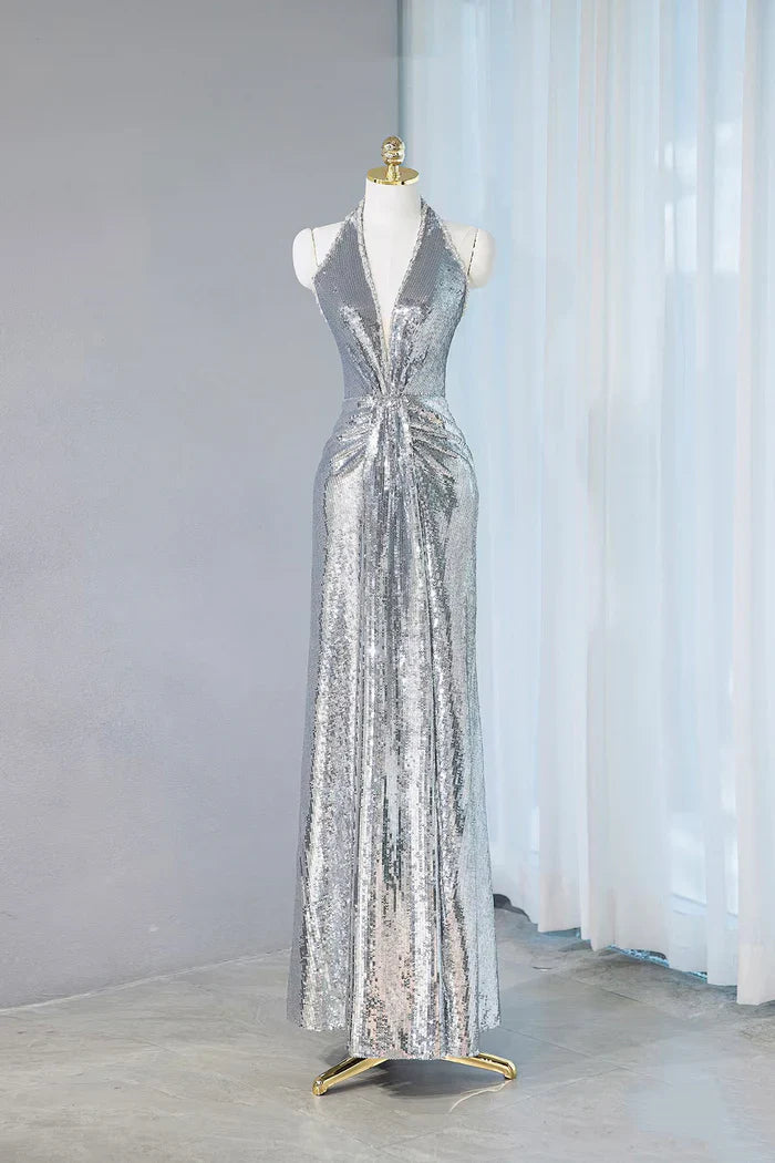 Silver Sequins Sheath V-Neck Long Prom Dress Shiny Evening Dress ED01793
