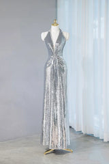 Silver Sequins Sheath V-Neck Long Prom Dress Shiny Evening Dress ED01793
