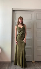 Olive Green Mermaid Spaghetti Straps Satin Beaded Long Prom Dress Evening Dress ED01795