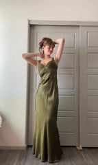 Olive Green Mermaid Spaghetti Straps Satin Beaded Long Prom Dress Evening Dress ED01795