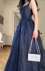 Elegant Navy Blue A-Line Spaghetti Straps Tulle Embroidery Applique Long Prom Dress Evening Dress ED01797