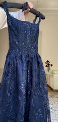 Elegant Navy Blue A-Line Spaghetti Straps Tulle Embroidery Applique Long Prom Dress Evening Dress ED01797