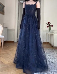 Elegant Navy Blue A-Line Spaghetti Straps Tulle Embroidery Applique Long Prom Dress Evening Dress ED01797