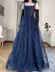 Elegant Navy Blue A-Line Spaghetti Straps Tulle Embroidery Applique Long Prom Dress Evening Dress ED01797